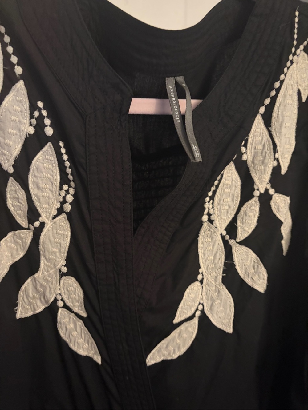 Anthropologie Black Maxi Dress with White Leaf Embroidery - Picture 5 of 10
